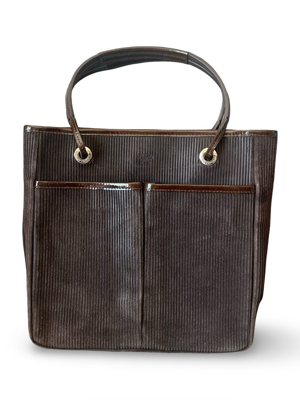Anya Hindmarch Brown Corduroy Tote Bag with Patent Leather Trim